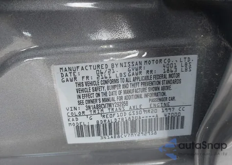 2021 Nissan Sentra Sv Xtronic Cvt из США, поврежденный, VIN 3N1AB8CV7MY292958